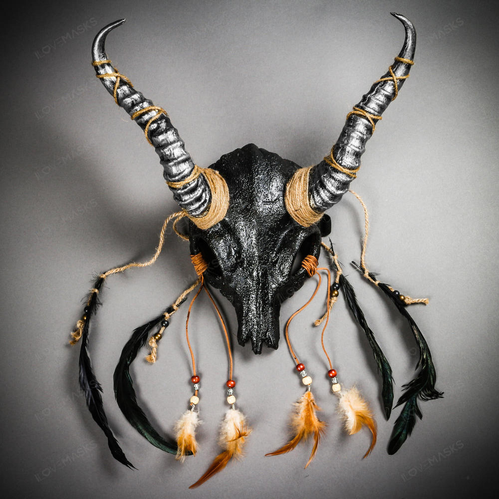 Antelope Devil Animal Skull with Silver Impala Horns Masquerade Mask - Black